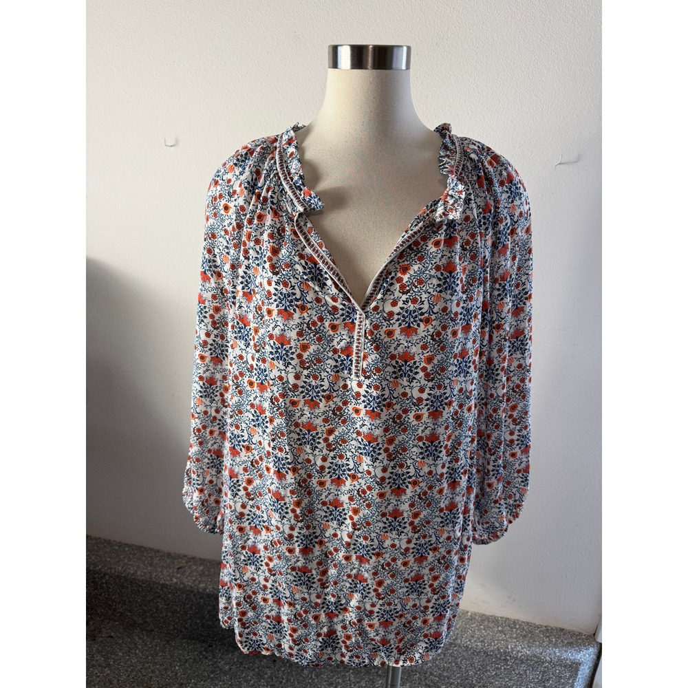 Max Studio Womens Plus 2X Floral Paisley V Neck Blouse Blue Orange Boho